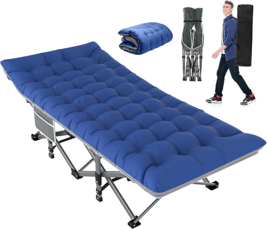 PNKKODW 75"x28" XL Folding Camping Cot for Adults w/ Mattress, Portable Sleeping Camping Bed w/Carry Bag for Office Home Nap, Outdoor, Camping, Travel, Max Load 500lbs Striped Gray Cot Blue/Gray Pad