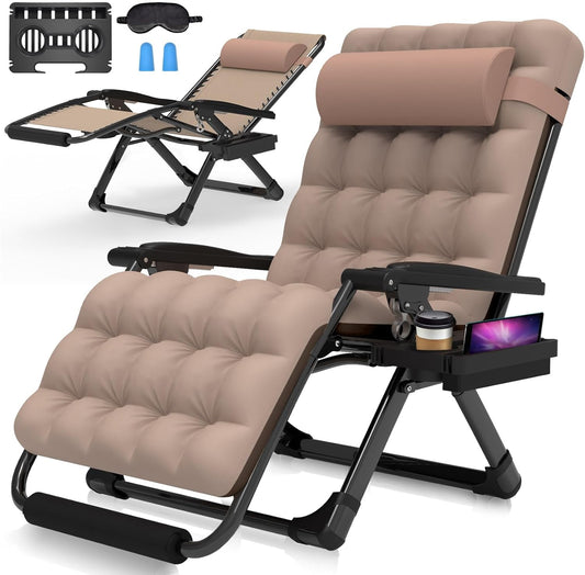 PNKKODW Oversized Zero Gravity Chairs XXL, Padded Zero Gravity Lounge Chair, Lawn Recliner, Folding Patio Reclining Chair w/Aluminum Alloy Lock, Headrest, Cup Holder, Support 500lbs, Khaki