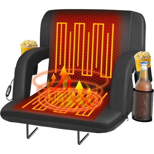 PNKKODW 25" Heated Stadium Seats for Bleachers w/ Back Support and Wide Cushion, Extra Portable Bleacher Seat Foldable Stadium Chair, USB 3 Levels of Heat, 5 Pockets for Outdoor Camping Games Sports