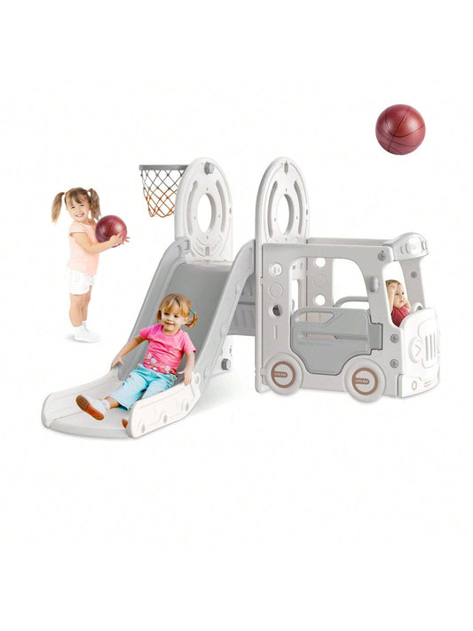 PNKKODW 4 In 1 Toddler Slide For Kids Age 1+ , Bus Themed Baby Slide With Basketball Hoop, Indoor Outdoor Slide Toddler Playset Toddler Playground Gray