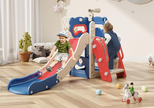 PNKKODW 6 in 1 Kids Indoor Slide Playset for Toddler&Kids 1-3 w/Basketball Hoop and Telescope Baby Outdoor Tower Slide Red Blue