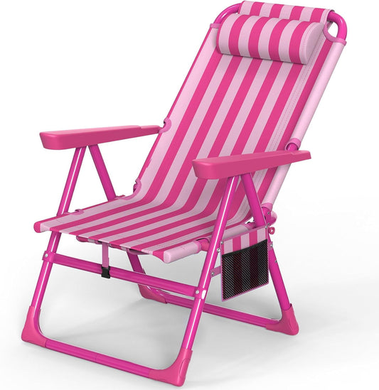 PNKKODW Backpack Beach Chair, 6-Positions Beach Chairs for Adults with Cooler Bag, Reclining Beach Chair with Cup Holder Folding Camping Chair for Sand Outdoor Pink