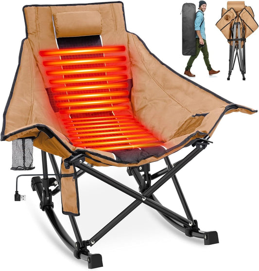 PNKKODW Oversized Capacity Outdoor Heated Rocking Chair with 3 Heat Levels, Portable Folding Heated Camping Chair for Camp, Lawn, Sports, Winter Use (Battery NOT Included) Khaki