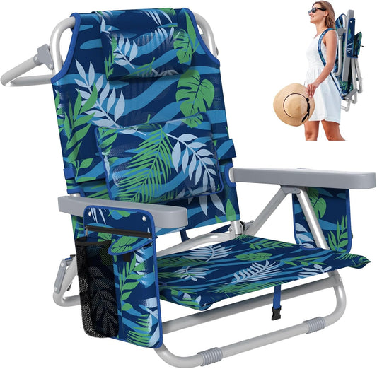 PNKKODW Backpack Beach Chair Reclining with 5 Adjustable Positions, Built-in Cooler & Backpack Straps - Portable Folding Beach Chairs for Adults, for Camping, Pool, Travel (Tropical Leaf)