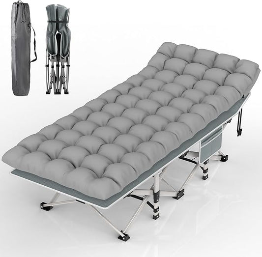 PNKKODW Folding Camping Cot Bed for Adults, 1200D Double Layer Oxford W/Soft Pad Carry Bag for Home Office Nap Beach Travel, Grey Cot Gray Pad