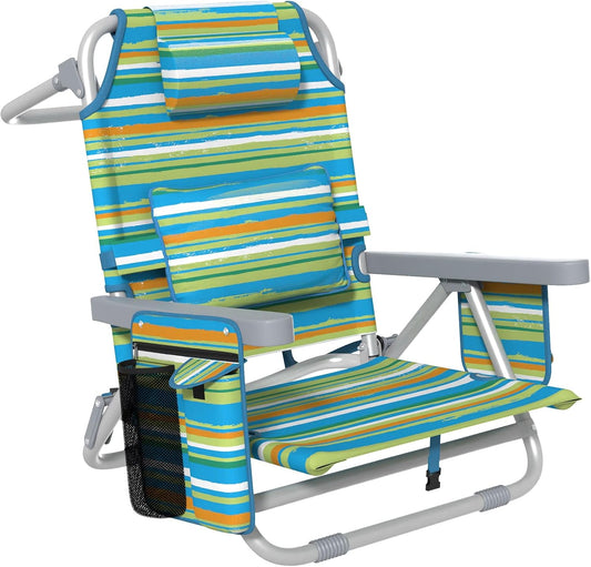 PNKKODW Backpack Beach Chair Reclining with 5 Adjustable Positions, Built-in Cooler & Backpack Straps - Portable Folding Beach Chairs for Adults, for Camping, Pool, Travel (Ocean Sunset)