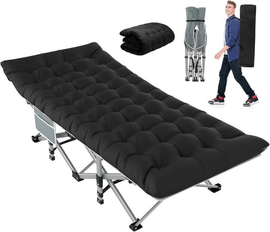 PNKKODW 75"x28" XL Folding Camping Cot for Adults with Mattress, Portable Camping Bed, Sleeping Cot with Carry Bag for Office Home Nap, Outdoor, Camping, Travel, Max Load 500lbs Gray Cot Black Pad