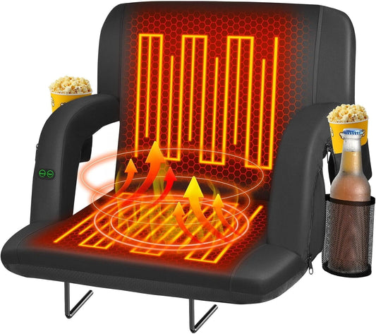 PNKKODW 25" Dual-Sided Heated Stadium Seats for Bleachers with Back Support, 3 Levels Heating Stadium Seating for Bleachers Seat with Backrest, 5 Pockets Portable Stadium Chair for Outdoor