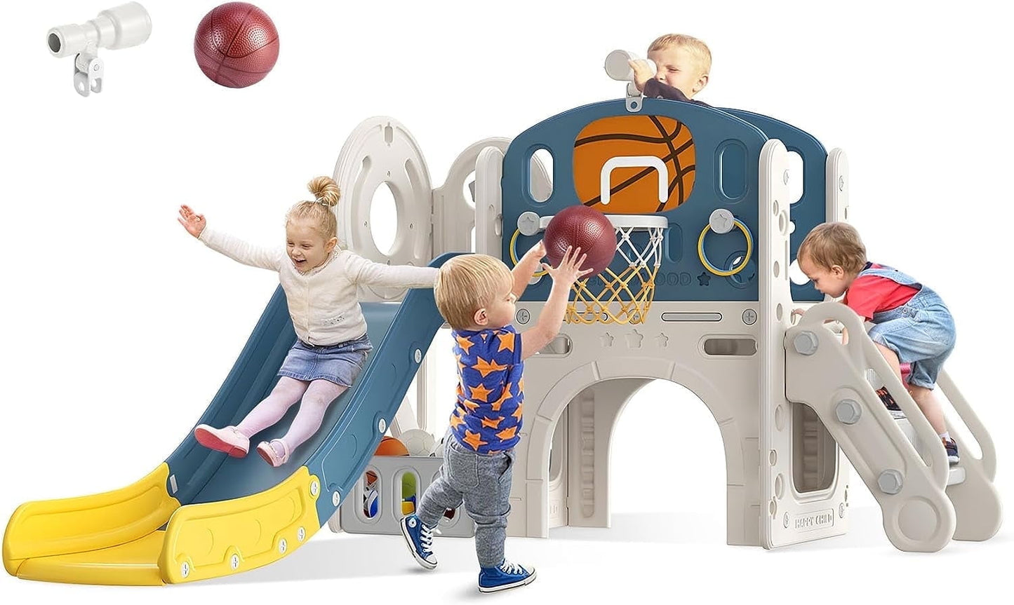 PNKKODW 9 in 1 Toddler Slide for Kids Age 1-3 with Ring Toss, Basketball Hoop, and Telescope, Indoor Outdoor Slide Toddler Playset Toddler Playground Blue Yellow