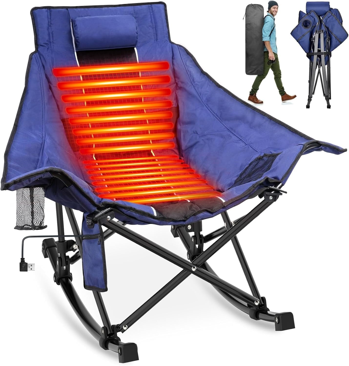 PNKKODW Heated Camping Chair, Oversized Outdoor Rocking Chair with 3 Heat Levels, Portable Folding Heated Chair for Camp, Lawn, Sports, Winter Use (Battery NOT Included)