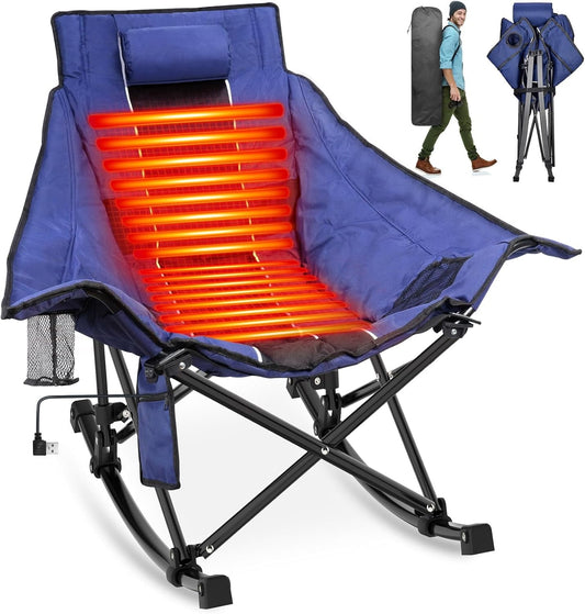 PNKKODW Heated Camping Chair, Oversized Outdoor Rocking Chair with 3 Heat Levels, Portable Folding Heated Chair for Camp, Lawn, Sports, Winter Use (Battery NOT Included)