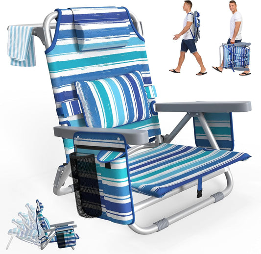 PNKKODW Beach Chair, Adjustable 5-Position Backpack Beach Chairs for Adults Kids, Reclining Beach Chair with Cooler Bag, Cup Holder and Lumbar Pillow, Foldable Lay Flat Chair for Beach Lawn Outdoor