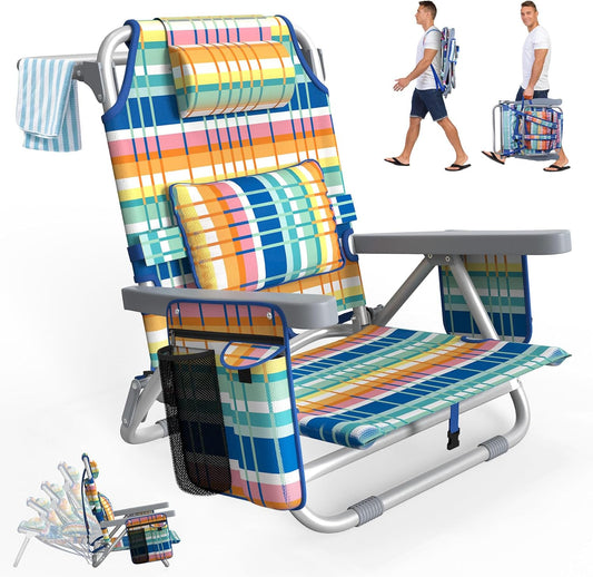 PNKKODW Beach Chair, Adjustable 5-Position Backpack Beach Chairs for Adults Kids, Reclining Beach Chair with Cooler Bag, Cup Holder and Lumbar Pillow, Foldable Lay Flat Chair for Beach Lawn Outdoor Rainbow