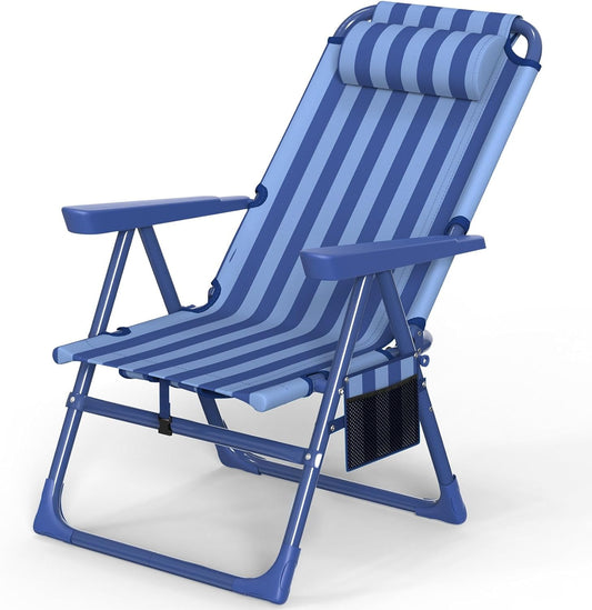 PNKKODW Backpack Beach Chair, 6-Positions Beach Chairs for Adults with Cooler Bag, Reclining Beach Chair with Cup Holder Folding Camping Chair for Sand Outdoor Royalblue