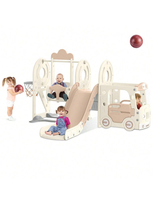 PNKKODW 5 In 1 Toddler Slide And Swing Set, Kid Slide For Toddlers, Bus Themed Baby Slide With Basketball Hoop, Indoor And Outdoor Slide Toddler Playset Toddler Playground