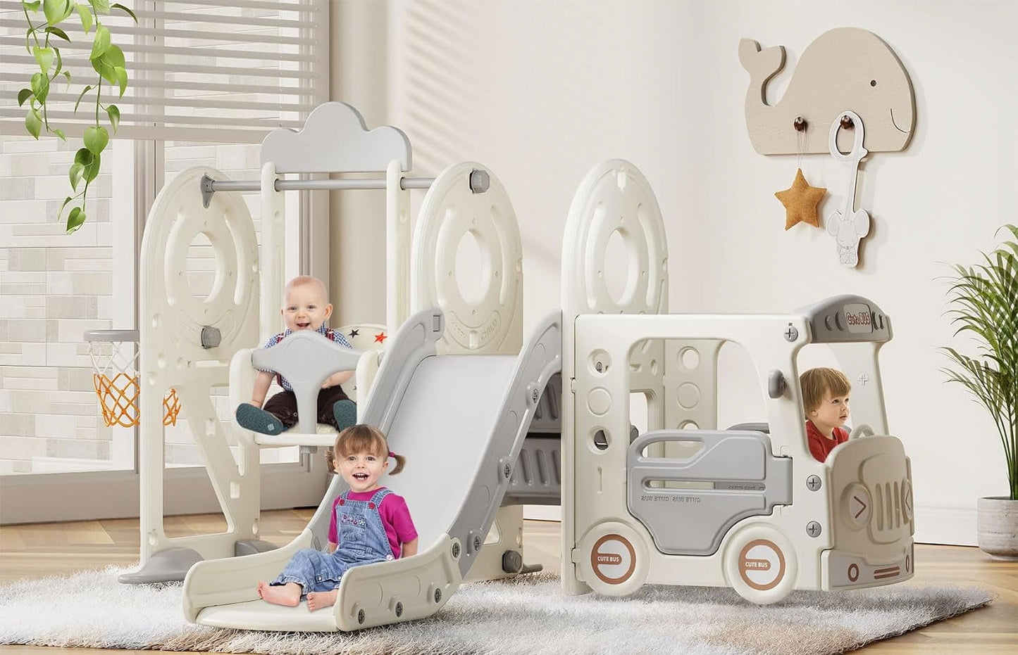 PNKKODW 4 in 1 Toddler Slide for Toddlers Age 1-3, Bus Themed Kid Slide with Basketball Hoop and Swing, Indoor Outdoor Baby Slide Toddler Playground Playset Gray