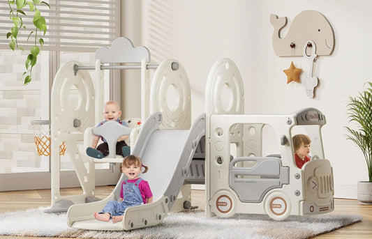 PNKKODW 4 in 1 Toddler Slide for Toddlers Age 1-3, Bus Themed Kid Slide with Basketball Hoop and Swing, Indoor Outdoor Baby Slide Toddler Playground Playset Gray
