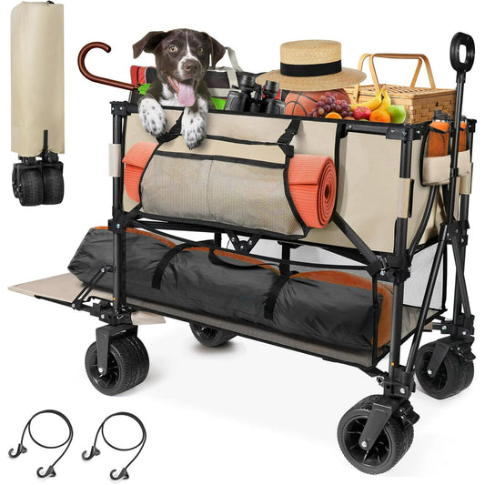 PNKKODW 400L Large Foldable Double Decker Wagon,360° Adjustable Handle 550LBS Heavy Duty Collapsible Cart with 54" Extra Extender,All Terrain Double-Locking Brack Wheels,for Beach|Camp|Outdoor Kahiki