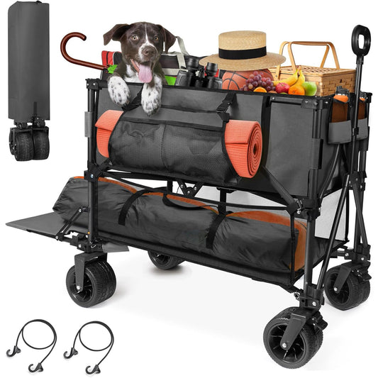 PNKKODW 400L Large Foldable Double Decker Wagon,360° Adjustable Handle 550LBS Heavy Duty Collapsible Cart with 54" Extra Extender,All Terrain Double-Locking Brack Wheels,for Beach|Camp|Outdoor Black