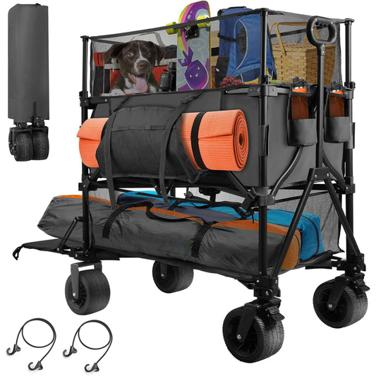 PNKKODW 550L XXL Foldable Double Decker Wagon-Greater Capacity,360° Adjustable Handle Heavy Duty 550LBS Collapsible Cart with 54" Extra Extender,All Terrain Double-Locking Brack Wheels (Black)