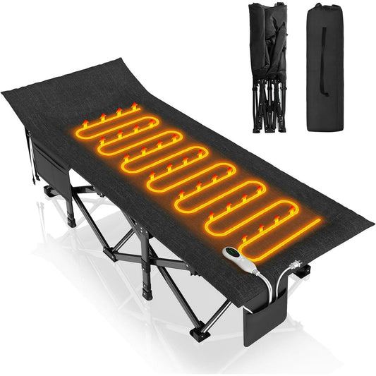 PNKKODW Heated Camping Cot, Folding Camping Cot Bed for Adults Sleeping Portable Outdoor Cots for Camping W/Build-in Soft Cotton Pad and Carry Bag for Home Office Nap Beach Travel, 500LBS Black