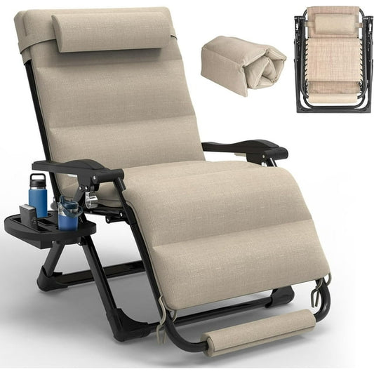 PNKKODW Oversized Zero Gravity Chairs, XL Anti Gravity Chair, Folding Lounge Recliner, Reclining Patio Chair for Lawn Backyard w/Washable Cushion Cover, Cup Holder, Support 350lbs, Khaki