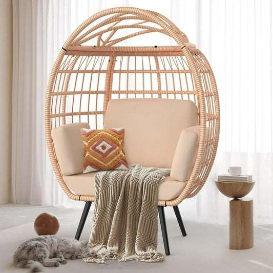 PNKKODW 370lbs Capacity Wicker Egg Chair, Oversized Indoor Outdoor Lounger w/ 4 UV Resistant Cushions, Storage Bag, All-Weather Egg Lounger Chair for Patio, Backyard, Living Room, Brown  - Brown
