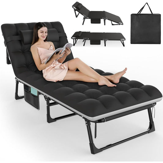PNKKODW 5 Positions Folding Camping Cot for Adults w/Mattress and Storage Bag, Adjustable Sleeping Cot Bed Chaise Lounge Chair for Guest, Bedroom,Patio, Pool, Black Cot +Black/Gray