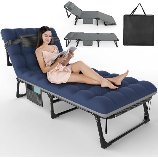 PNKKODW Folding Camping Cot for Adults, Adjustable 5 Positions Recliner Lounge Chaise w/Storage Bag and Pillow for Guest, Bedroom, Pool, Stripe Gray Cot Blue-Gray Pad