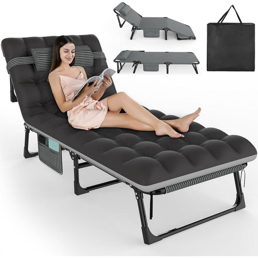 PNKKODW Folding Camping Cot for Adults, Adjustable 5 Positions Recliner Lounge Chaise w/Storage Bag and Pillow for Guest, Bedroom, Pool, Gray Cot +Black/Gray Pad