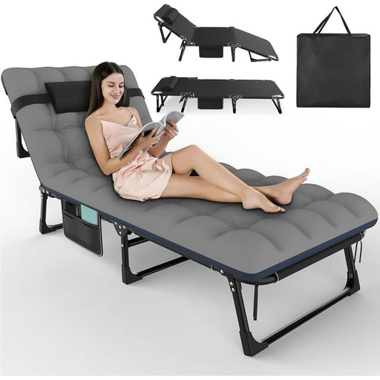 PNKKODW 5 Positions Folding Camping Cot for Adults w/Mattress and Storage Bag, Adjustable Sleeping Cot Bed Chaise Lounge Chair for Guest, Bedroom,Patio, Pool, Black Cot +Gray/Blue Pad