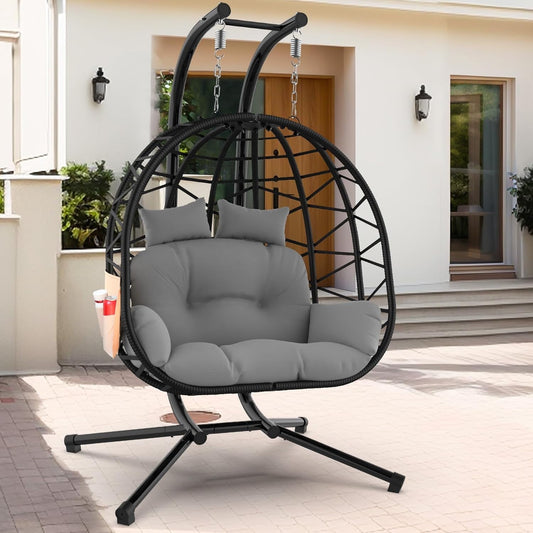 PNKKODW Double Egg Chair with Stand, 2 Person Egg Swing Chair, Rattan Wicker Swing with UV Resistant Cushion and Pillow, for Indoor Outdoor Bedroom Patio Hanging Basket Chair, Balck