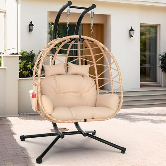 PNKKODW Double Egg Chair with Stand, 2 Person Egg Swing Chair, Rattan Wicker Swing with UV Resistant Cushion and Pillow, for Indoor Outdoor Bedroom Patio Hanging Basket Chair, Brown
