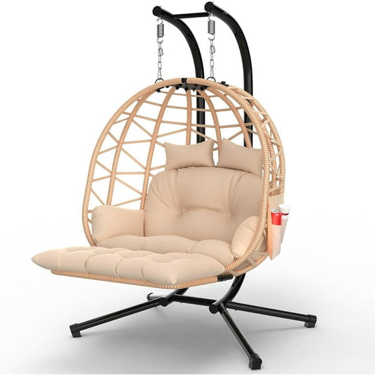 PNKKODW Oversized 700lbs Double Egg Chair with Stand & Leg Rest, 2 Person Rattan Wicker Swing Chair with UV Resistant Cushion and Pillow, for Indoor Outdoor Bedroom Patio Hanging Basket Chair, Brown