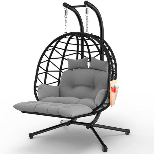 PNKKODW Oversized 700lbs Double Egg Chair with Stand & Leg Rest, 2 Person Rattan Wicker Swing Chair with UV Resistant Cushion and Pillow, for Indoor Outdoor Bedroom Patio Hanging Basket Chair Black