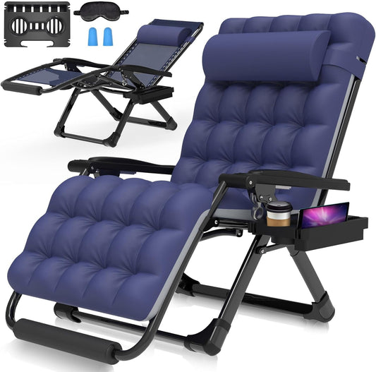 PNKKODW Oversized Zero Gravity Chair,33In XXL Lounge Chair w/Removable Cushion&Headrest, Reclining Camping Chair w/Upgraded Lock and Footrest, Reclining Patio Chairs Recliner for Indoor Outdoor Blue