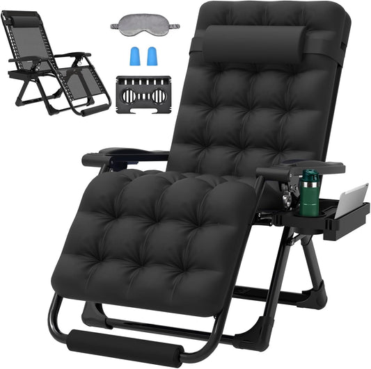 PNKKODW Oversized Zero Gravity Chair,29In XL Lounge Chair w/Removable Cushion&Headrest, Reclining Camping Chair w/Upgraded Lock and Footrest, Reclining Patio Chairs Recliner for Indoor Outdoor Black