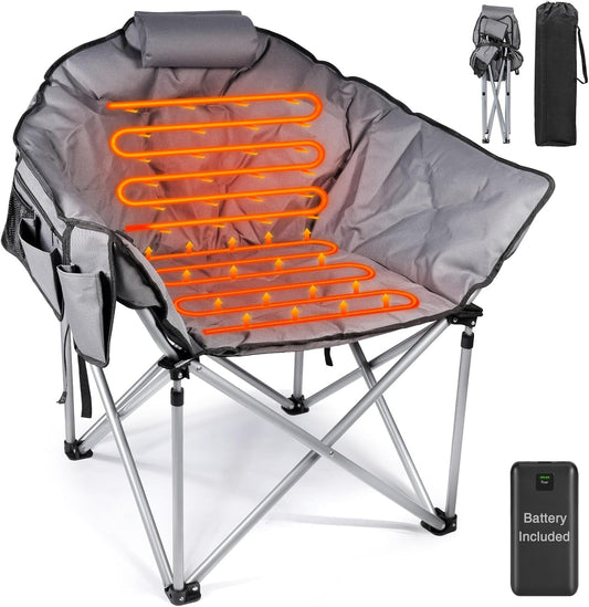 PNKKODW Heated Camping Chair, Oversized Outdoor Portable Heated Folding Chairs with 12V 20,000mAh Power Bank, Heated Foldable Chair Seat, Heating Chair for Outdoor Sports Camping Patio, 650lbs,Gray