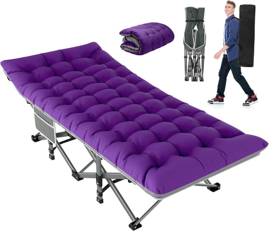 PNKKODW 75"x28" XL Folding Camping Cot for Adults w/ Mattress, Portable Sleeping Camping Bed with Carry Bag for Office Home Nap, Outdoor, Camping, Travel, Max Load 500lbs Striped Gray Purple/Gray Pad