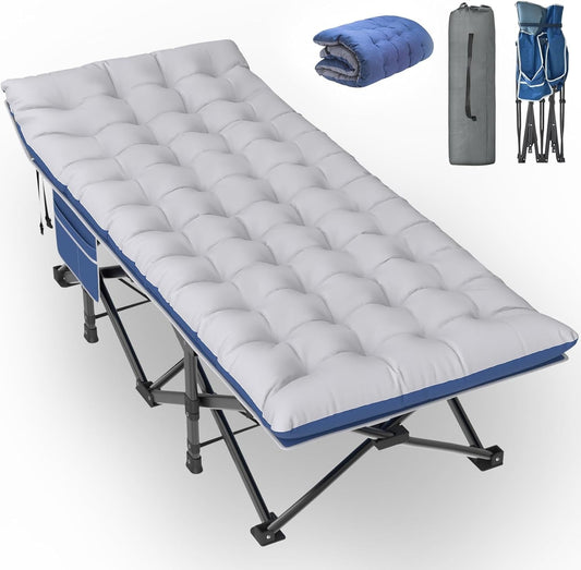 PNKKODW 75"x32" XXL Folding Camping Cot for Adults w/Mattress, Portable Camping Bed, Sleeping Cot with Carry Bag for Office Home Nap, Outdoor, Camping, Travel, Max Load 500lbs Blue Cot Blue/Gray Pad
