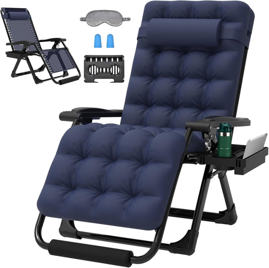 PNKKODW Oversized Zero Gravity Chair,29In XL Lounge Chair w/Removable Cushion&Headrest, Reclining Camping Chair w/Upgraded Lock and Footrest, Reclining Patio Chairs Recliner for Indoor Outdoor Blue