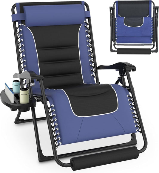 PNKKODW 33Inch Oversized Padded Zero Gravity Chair, XXL Reclining Camping Lounge Chair with Large Cup Holder & Footrest, Reclining Patio Chairs Folding Recliner for Outdoor Indoor, Blue