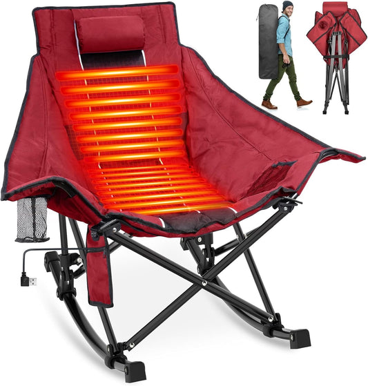 PNKKODW Oversized 330lbs Capacity Outdoor Heated Rocking Chair with 3 Heat Levels, Portable Folding Heated Camping Chair for Camp, Lawn, Sports, Winter Use (Battery NOT Included) Wine Red