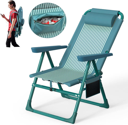PNKKODW Backpack Beach Chair, 6-Positions Beach Chairs for Adults with Cooler Bag, Reclining Beach Chair with Cup Holder Folding Camping Chair for Sand Outdoor Striped Green