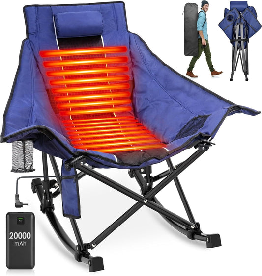 PNKKODW 330lbs Oversized Heated Camping Rocking Chair w/20000mAh Power Bank Portable Folding Outdoor Indoor Rocking Chair for Camp Lawn Sports Winter Blue