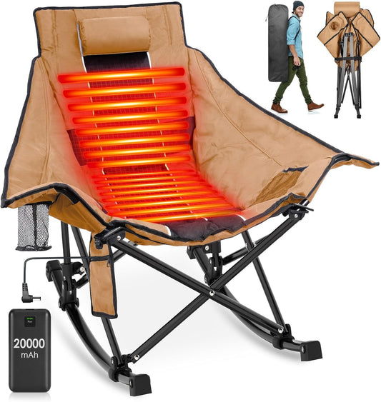 PNKKODW 330lbs Heated Camping Rocking Chair w/ 20000mAh Power Bank Portable Folding Oversized Heated Chair for Winter Camp Lawn Sports Khaiki