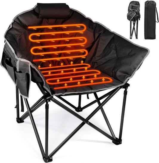 PNKKODW Oversized Heated Camping Chair, Heated Chairs Outdoor Sports W/3 Heat Levels for Back & Seat, Portable Folding Heated Lawn Chairs for Patio Outdoor Travel, (Battery NOT Included) Black