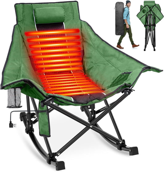 PNKKODW Heated Camping Chair, Oversized Outdoor Rocking Chair with 3 Heat Levels, Portable Folding Heated Chair for Camp, Lawn, Sports, Winter Use (Battery NOT Included)
