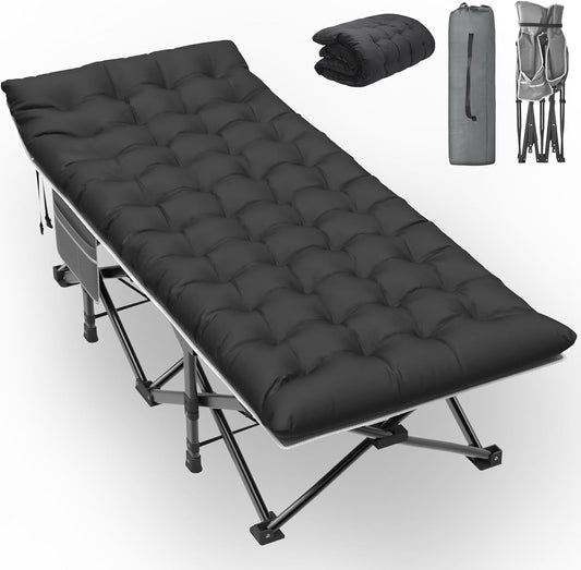 PNKKODW 75"x32" XXL Folding Camping Cot for Adults with Mattress, Portable Camping Bed, Sleeping Cot with Carry Bag for Office Home Nap, Outdoor, Camping, Travel, Max Load 500lbs Gray Cot Black Pad