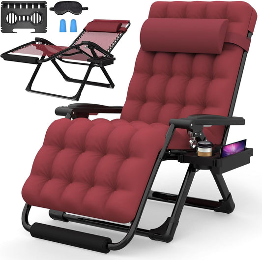 PNKKODW Oversized Zero Gravity Chairs XXL, 33IN Padded Zero Gravity Lounge Chair, Folding Reclining Patio Chair Lawn Recliner w/Aluminum Alloy Lock, Headrest, Cup Holder, Support 500lbs, Wine Red
